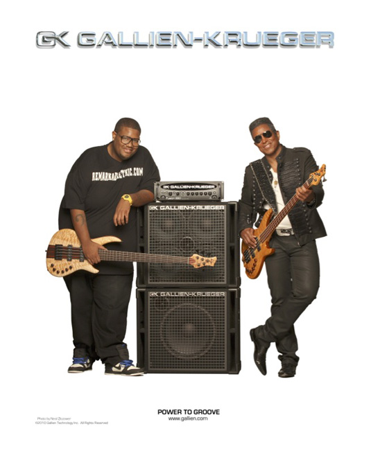 Gallien Krueger advertisement featuring Dammo Farmer and Jermaine Jackson with their Wyn basses